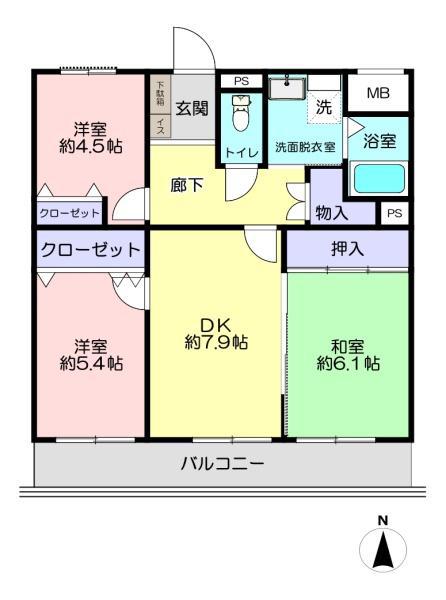 鶴ヶ島新町ハイツ(3DK/2階)の間取り写真