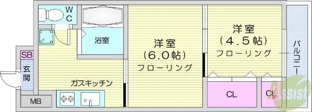 アーバンコート(2K/6階)の間取り写真