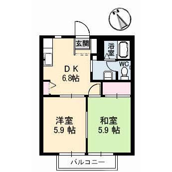 シャーメゾングリーンヒルB(2DK/2階)の間取り写真