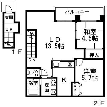 バンブーコートI番館(2LDK/2階)の間取り写真