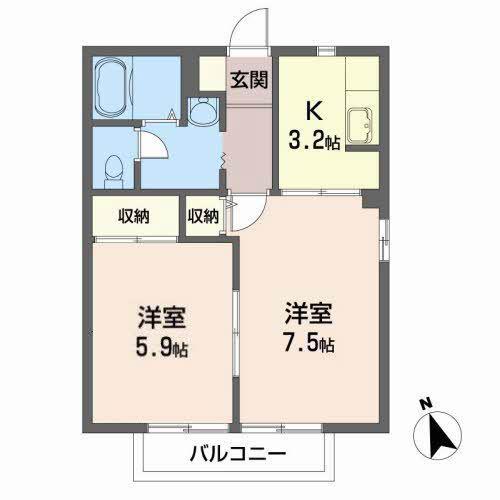 アップルハイツ桜水A(2K/2階)の間取り写真
