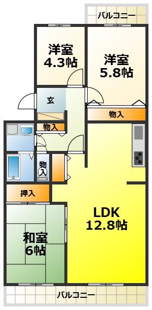 パティオ岸和田(3LDK/3階)の間取り写真