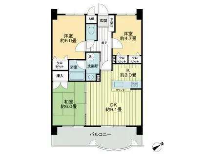 ライオンズマンションマキシム櫛原(3LDK/6階)の間取り写真