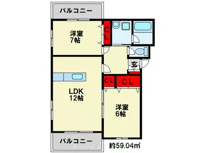 エクセルシティ門司A棟(2LDK/2階)の間取り写真