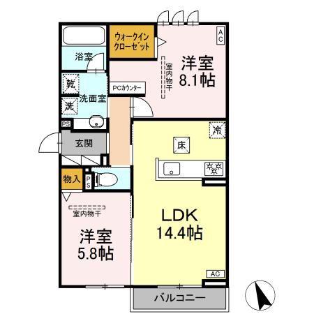 グラン ミリュウ(2LDK/1階)の間取り写真
