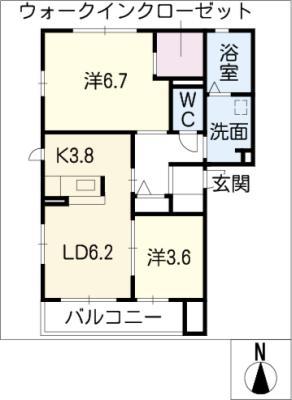 リヴィエール東部(2LDK/2階)の間取り写真