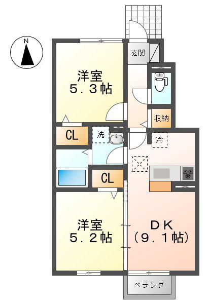 ハニーテラス(2DK/1階)の間取り写真