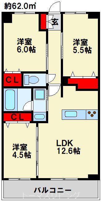 コンダクトレジデンス下城野(3LDK/3階)の間取り写真
