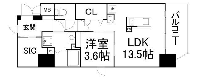 ファーストフィオーレ新町ファジスタ(1LDK/15階)の間取り写真