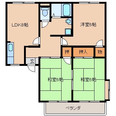 ハミングタウン久留米(3DK/1階)の間取り写真