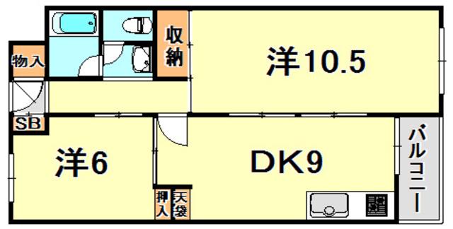 夢野ハイタウン1号棟(2DK/6階)の間取り写真