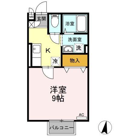 ヴィラージュ輝A棟(1K/2階)の間取り写真