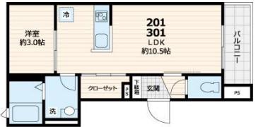 レジデンス西尾久(1LDK/3階)の間取り写真