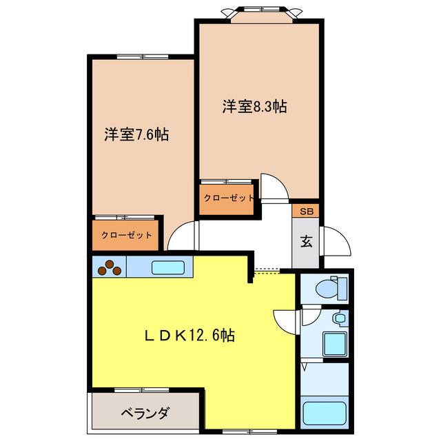 リバティベルI(2LDK/2階)の間取り写真