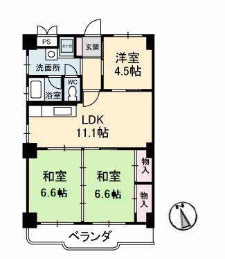 真締川ハイツ(3LDK/3階)の間取り写真