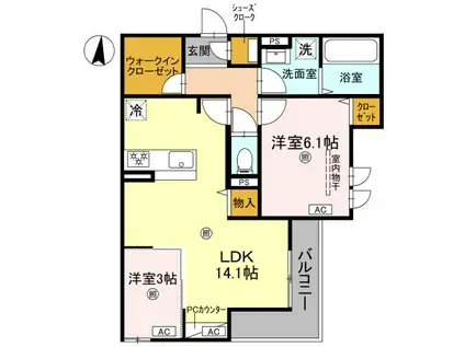 CASA MUKAINO(2LDK/3階)の間取り写真