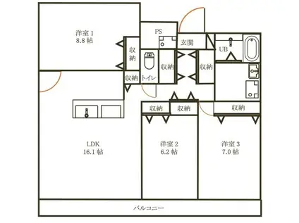向町マンション 2BY2(3LDK/5階)の間取り写真