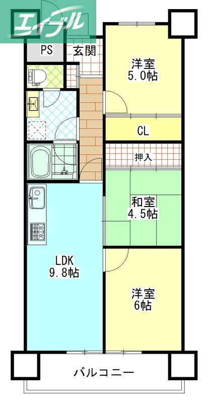 グランドムール津高(3LDK/7階)の間取り写真