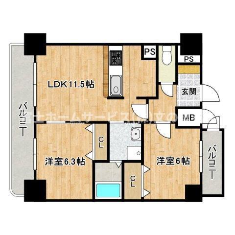 ふぁみゆ山之内(2LDK/11階)の間取り写真