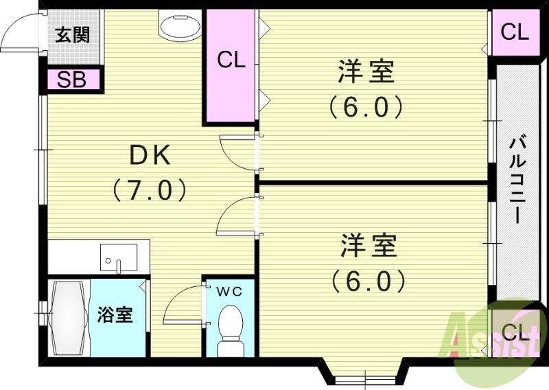 フラワーアレー瀬川(2DK/2階)の間取り写真