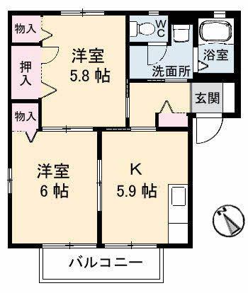 レイクサイド玉湯B棟(2K/2階)の間取り写真
