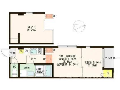 ハーモニーテラス田辺(2K/2階)の間取り写真