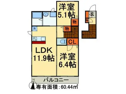 ソレイユD棟(2LDK/2階)の間取り写真