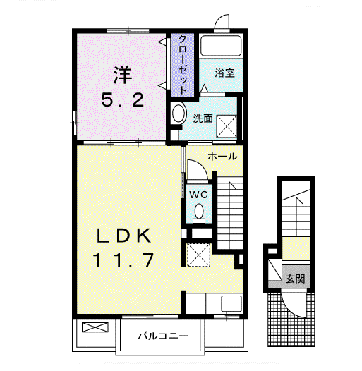 匝瑳市 2階1LDK 2019年築(1LDK/2階)の間取り写真