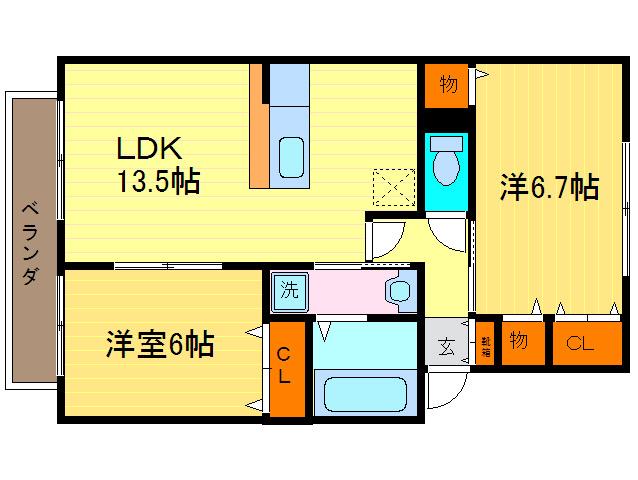 グランドール今里(2LDK/1階)の間取り写真