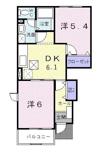ヒルサイド(2DK/1階)の間取り写真
