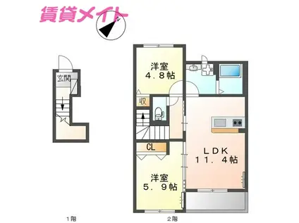 ベルシーナ鈴鹿A(2LDK/2階)の間取り写真