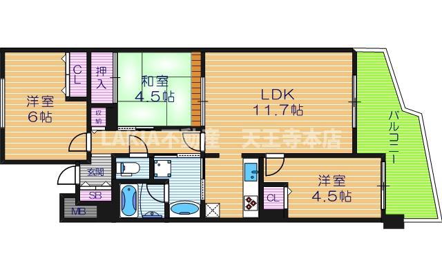 カスタリア阿倍野(3LDK/9階)の間取り写真