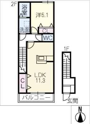 OCEAN 松阪(1LDK/2階)の間取り写真