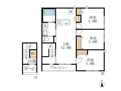 メゾンクレール日暮ノース(3LDK/2階)の間取り写真