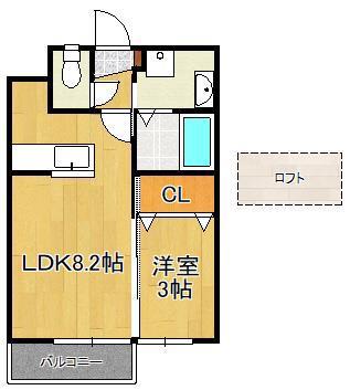 ファープレイス小倉西B棟(1LDK/2階)の間取り写真