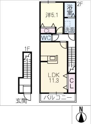 OCEAN 松阪(1LDK/2階)の間取り写真
