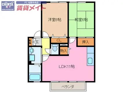 グランシャリオ B棟(2LDK/2階)の間取り写真