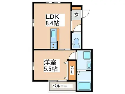 スカイハイツB(1LDK/2階)の間取り写真