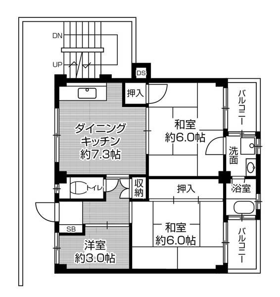 ビレッジハウス私部6号棟(3DK/4階)の間取り写真