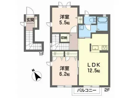 ディアスブランシェJII(2LDK/2階)の間取り写真