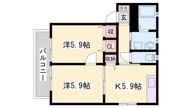 オネストB棟(2K/1階)の間取り写真