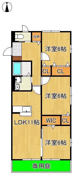 ひびきのハイムA棟(3LDK/1階)の間取り写真