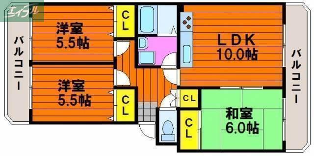 ドミール福島B(3LDK/2階)の間取り写真