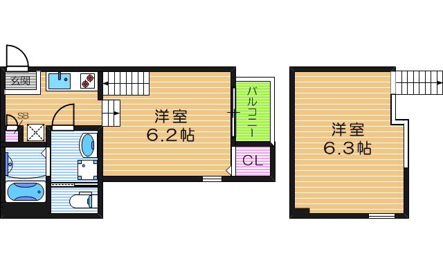 ハーモニーテラス桑津II号館(1K/2階)の間取り写真