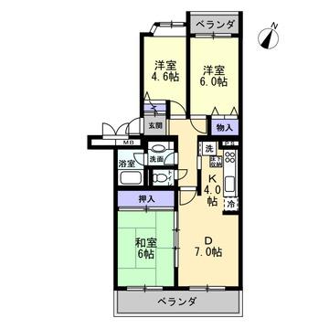 グリーンコーポ篠原第2H棟(3DK/4階)の間取り写真