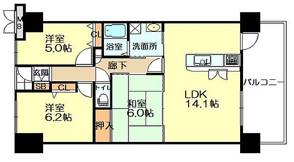 シャルマンフジ岸和田上町パークインパーク(3LDK/3階)の間取り写真