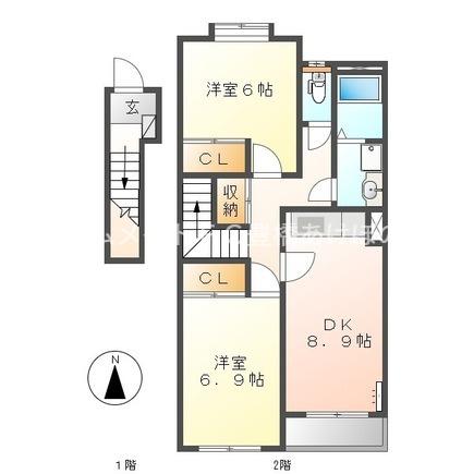 エルヴェ南小向A(2DK/2階)の間取り写真