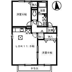 ALAMODEB棟(2LDK/1階)の間取り写真