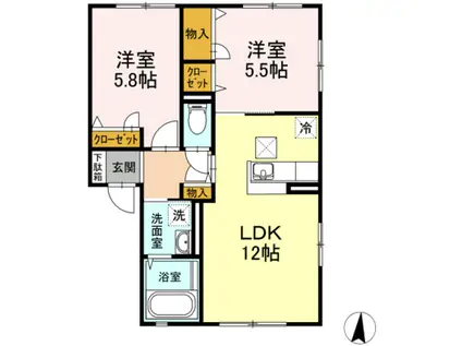 ボヌール羽屋H(2LDK/1階)の間取り写真