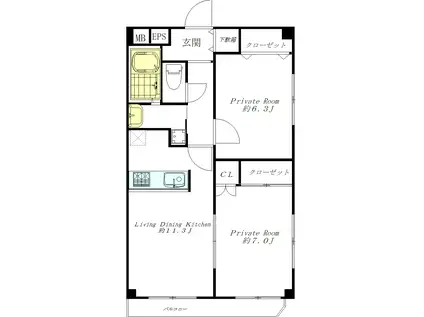 レジデンスミヤビ(2LDK/3階)の間取り写真